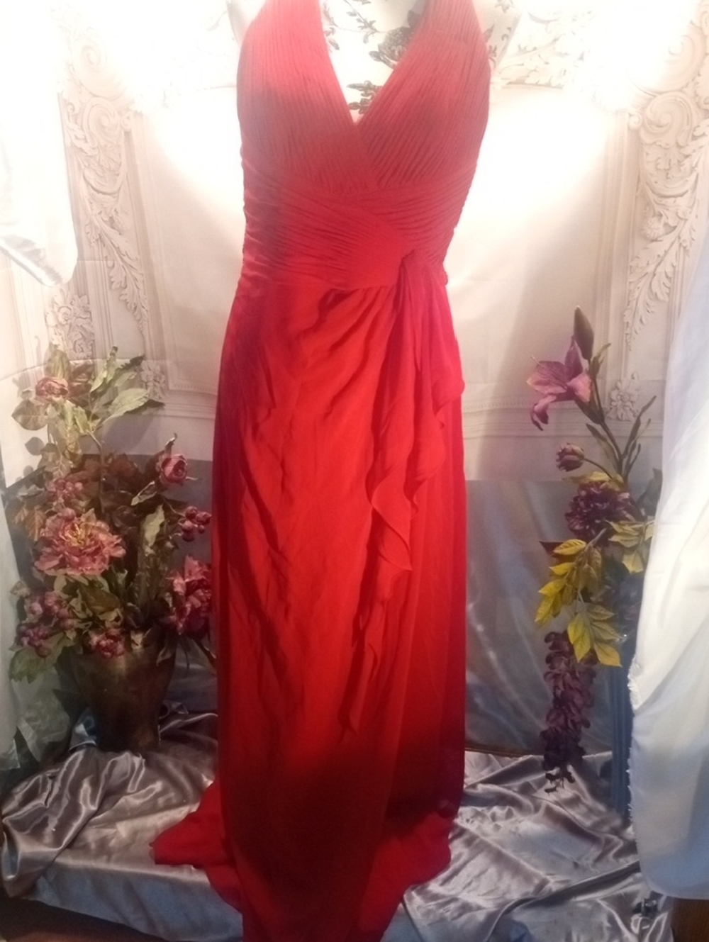 David's Bridal Red V-Neck Maxi Evening Gown with Draped Waist